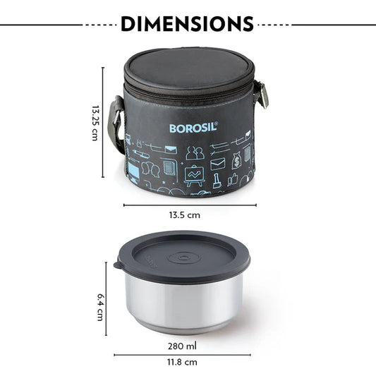 Borosil Carry Fresh Double Wall Stainless Steel Lunch Set WIth Vertical Lunch Bag