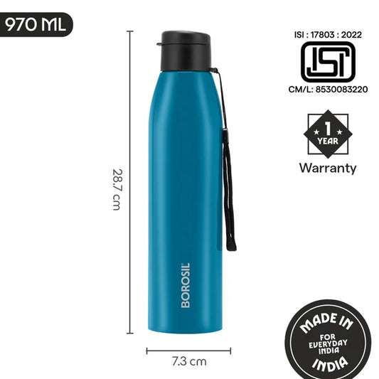 Borosil Hydra Glint 970ml Single Wall Stainless Steel Bottle
