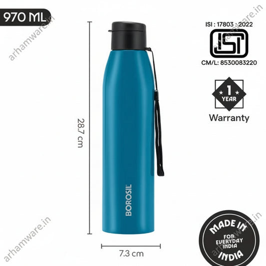 Borosil Hydra Glint 970ml Single Wall Stainless Steel Bottle