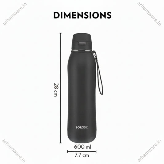 Borosil Hydra Rivera 600 Thermal Vacuum Insulated Bottle with Push Button Flip Cap