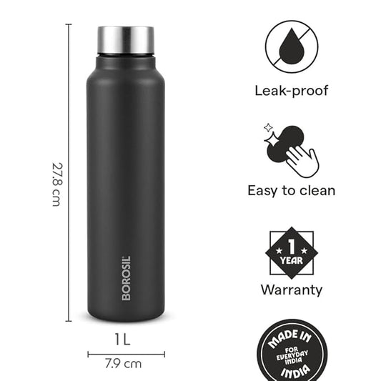 Borosil Hydra Sip N Chill Black 1000ml Stainless Steel Bottle