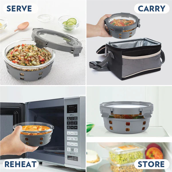 Borosil Klip n Store Plus Round Borosilicate Glass Container & Lid