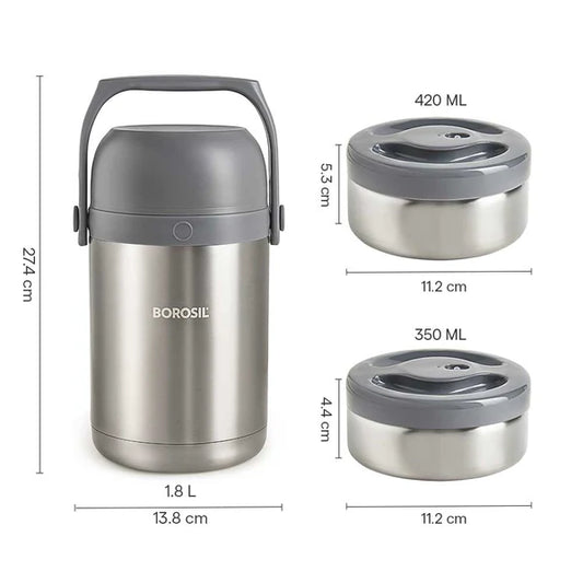 Borosil Hot-N-Fresh Thermal Vacuum Insulated Lunch Box with Bag Set of 3