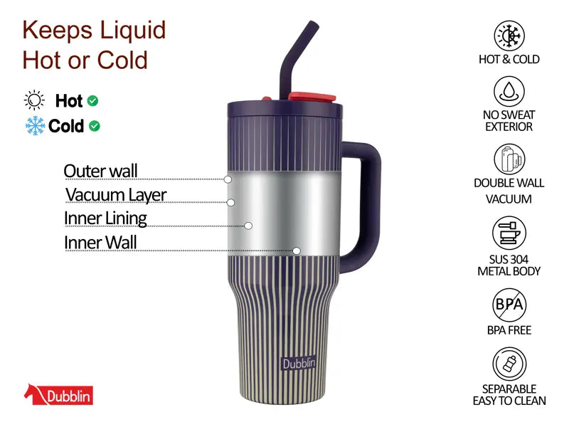 Dubblin Rock 1200ml Thermal Vacuum Insulated Mug with Stainless Steel Straw (Twin Flow: Normal Sipper Plus Straw Sipper)