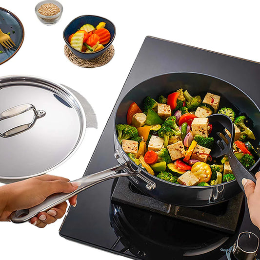 Tramontina Fusao Deep Sauté Pan with SS Lid (24cm) Tri-Ply Clad Stainless Steel Ceramic Coated