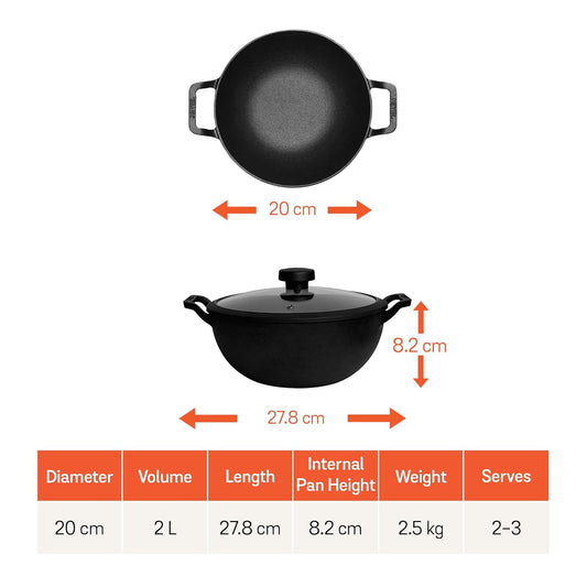 Meyer Cast Iron Deep Kadai with Lid 20cm