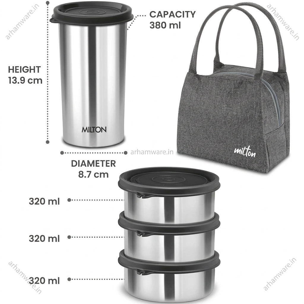 Milton Bling Bag Lunch Set with 3 * 320 ml Containers, 1 * 380 ml Tumbler, Liquid-tight Seals and Insulated Bag