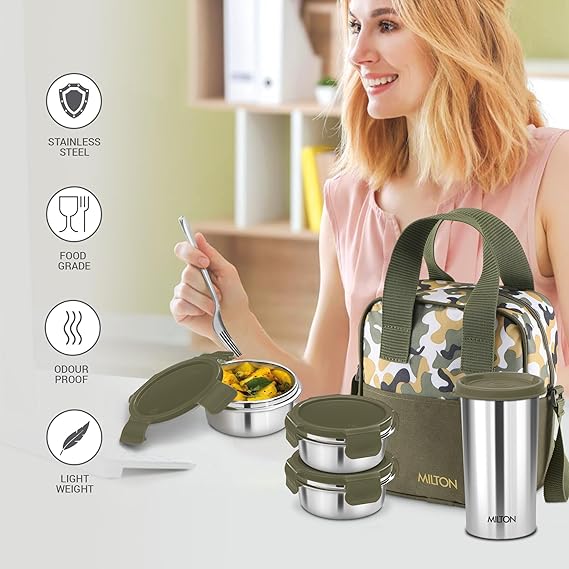 Milton Camo Feast Stainless Steel Lunch Set with 3*300ml Containers, 1*400ml Tumbler and 1 Bag