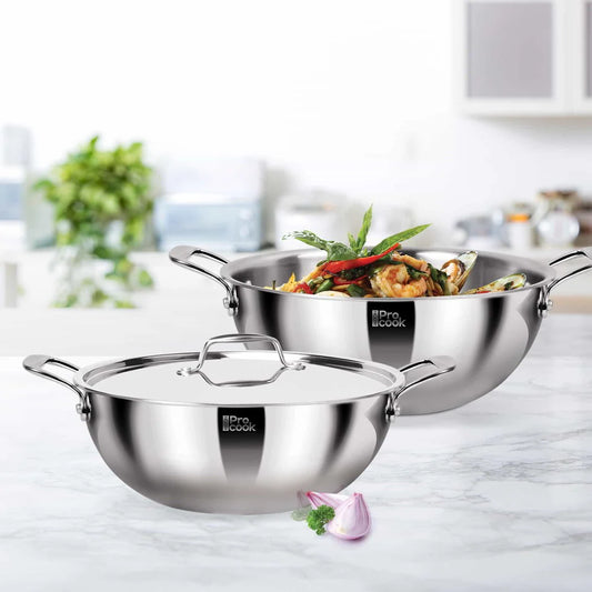 Miton Procook Tri-Ply Steel Deep Kadhai with Stainless Steel Lid