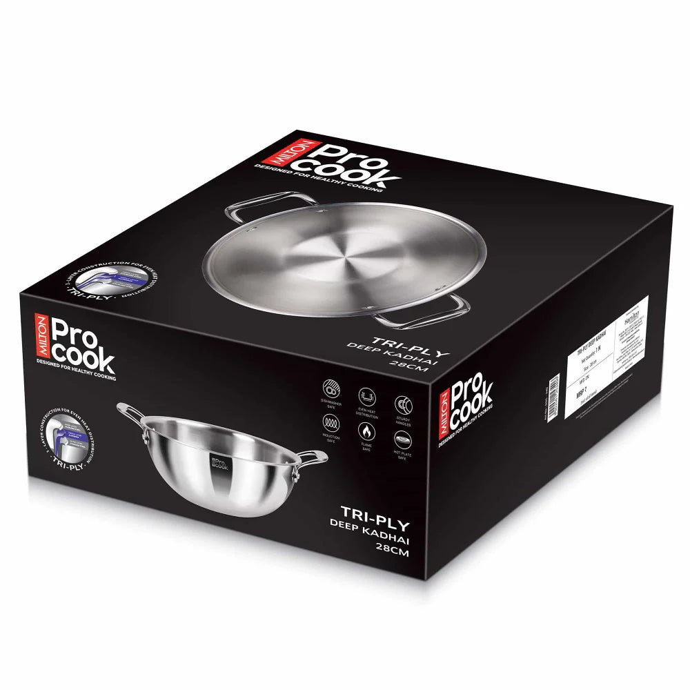 Miton Procook Tri-Ply Steel Deep Kadhai with Stainless Steel Lid