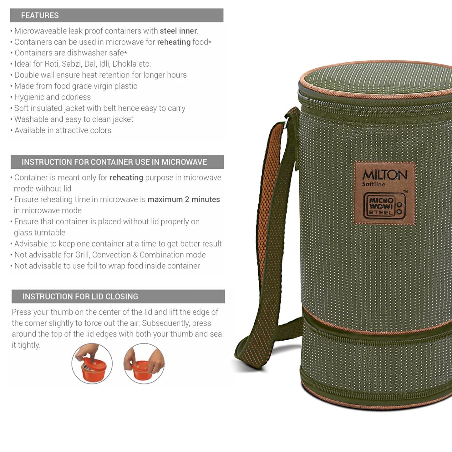 Milton Flexi Tiffin 3+1 Set Of 4 Outside Plastic Inside Stainless Steel Microwavable Container with Bag