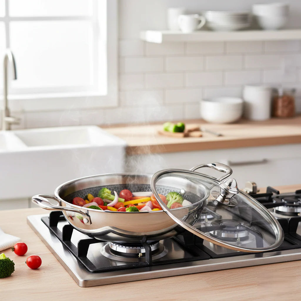 Milton Procook Tri-ply Hexa Tech Kadhai with Glass Lid (Honey Comb Non Stick Structure)