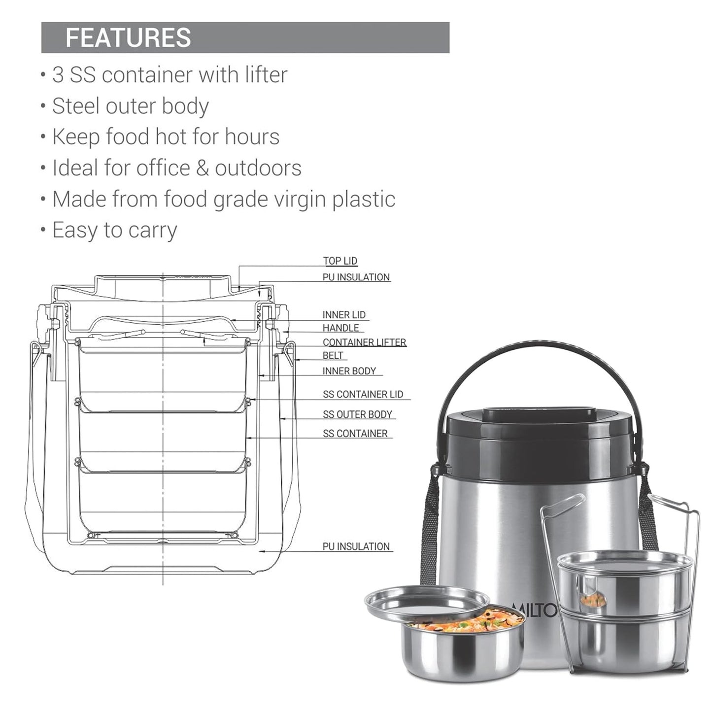 Milton Classic Stainless Steel PU Insulated Lunch Carrier Set of 3