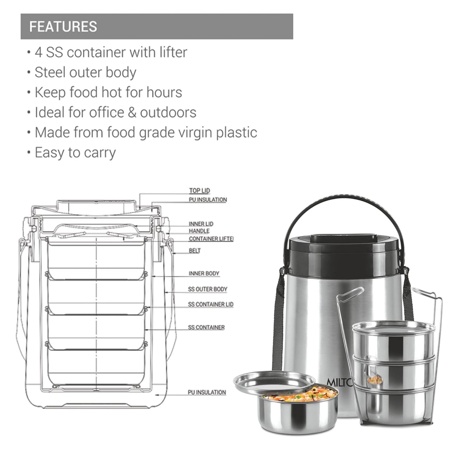 Milton Classic Stainless Steel PU Insulated Lunch Carrier Set of 4