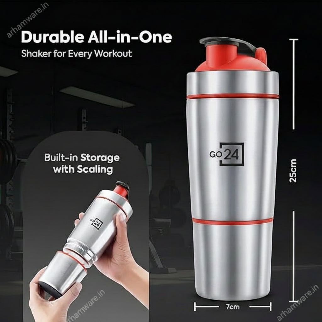 Go24 Kinetic Shaker 900 Stainless Steel Protein Shaker with Extra Compartment
