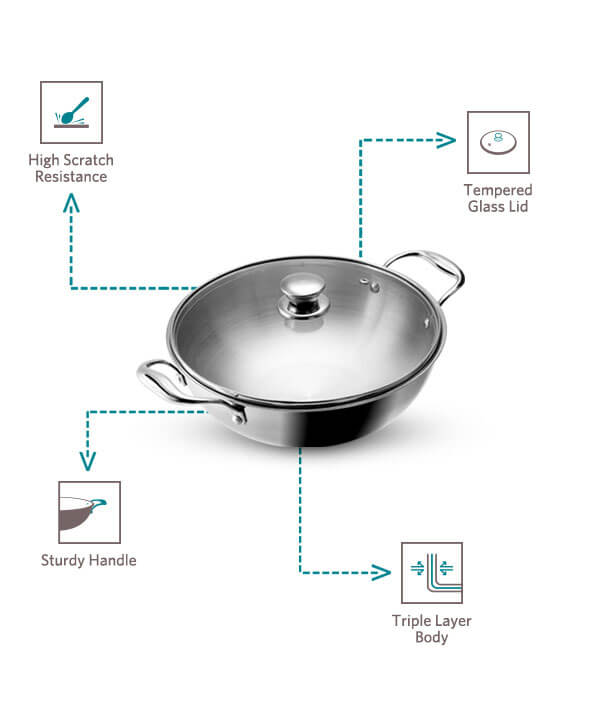 Vaya Tri-Ply Kadai (Stainless Steel) with Glass Lid