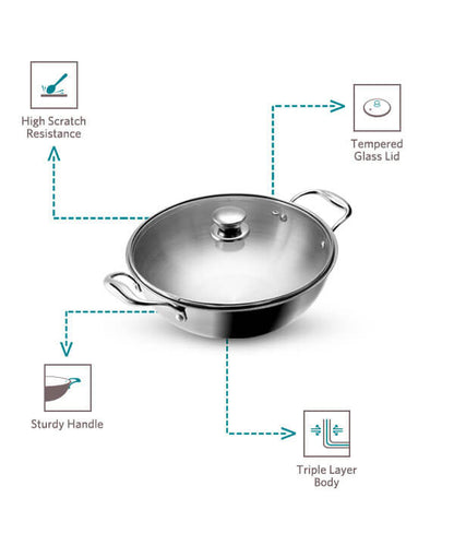 Vaya Tri-Ply Kadai (Stainless Steel) with Glass Lid
