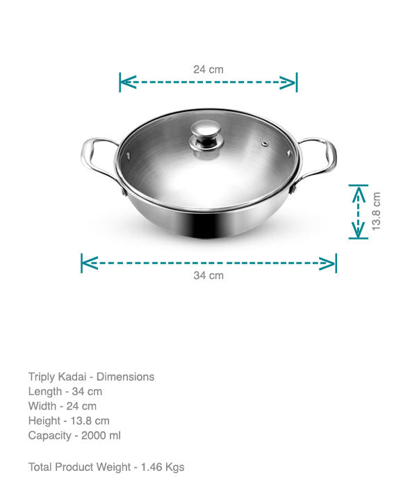 Vaya Tri-Ply Kadai (Stainless Steel) with Glass Lid