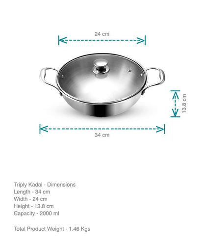 Vaya Tri-Ply Kadai (Stainless Steel) with Glass Lid
