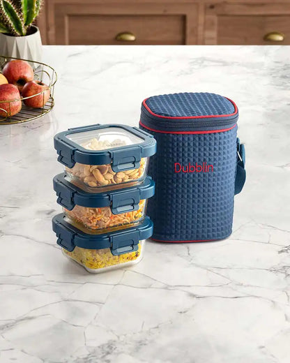 Dubblin Borosilicated Glass Lunch Box Set Of 3 With Vertical Bag