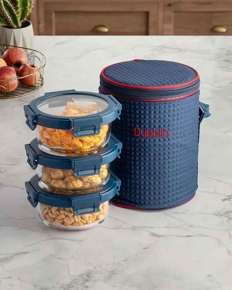 Dubblin Borosilicated Glass Lunch Box Set Of 3 With Vertical Bag