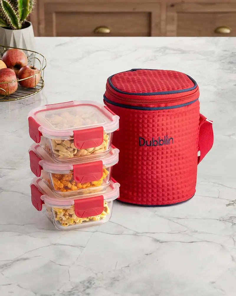 Dubblin Borosilicated Glass Lunch Box Set Of 3 With Vertical Bag