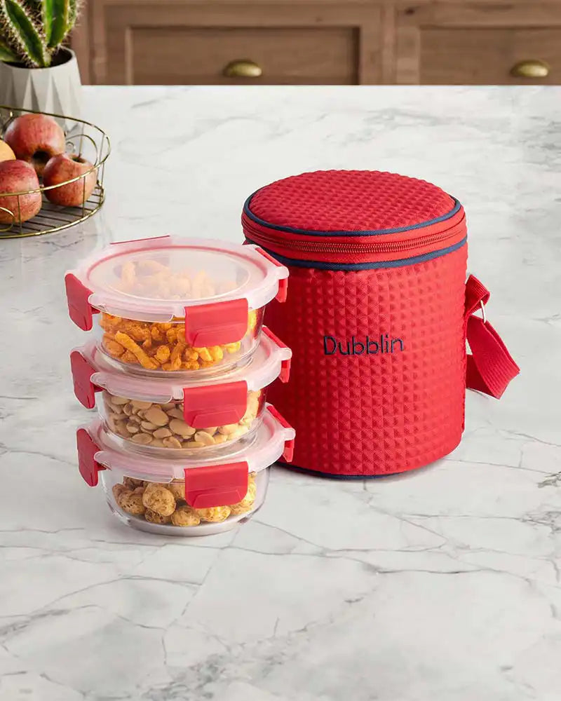 Dubblin Borosilicated Glass Lunch Box Set Of 3 With Vertical Bag
