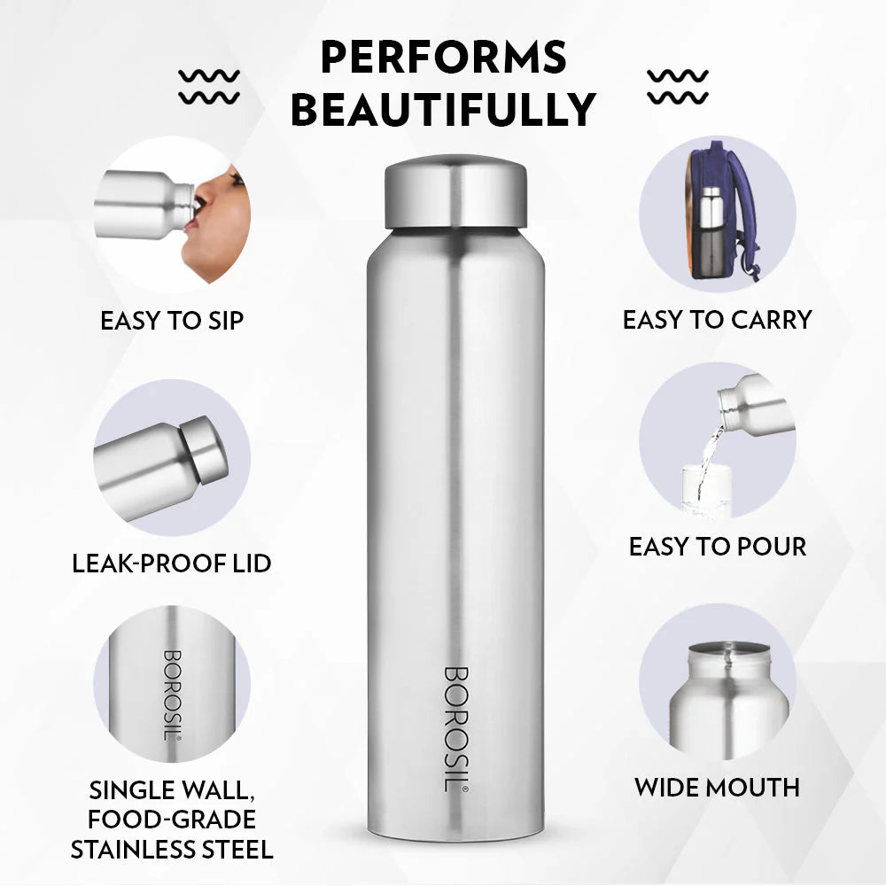 Borosil Aquaslim Single Wall 1 ltr Stainless Steel Bottle