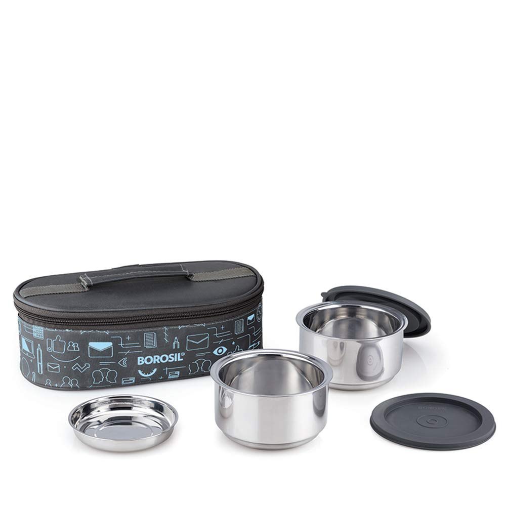 Borosil Carry Fresh Double Wall Stainless Steel Lunch Set WIth Horizontal Bag