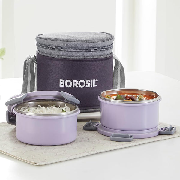 Borosil Glory Microwavable (Inside) Stainless Steel (Outside Plastic) Lunch Set with Bag Set of 2