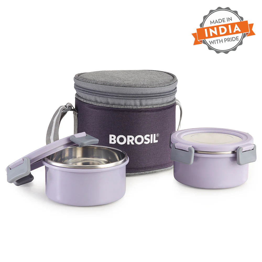 Borosil Glory Lunch Set 280ml *2 With Bag - Plastic Outside Steel Inside Microwavable Containers