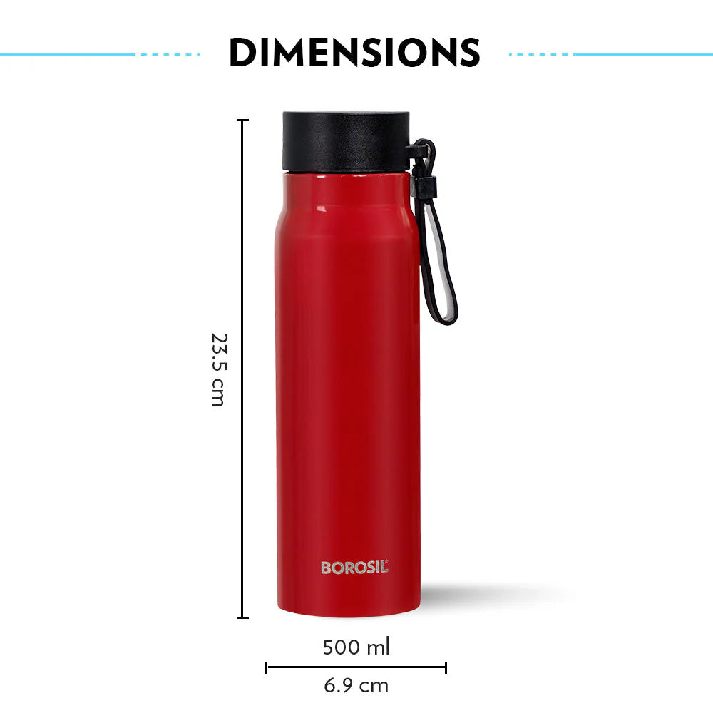 Borosil Hydra Bliss Red 500ml Thermal Vacuum Insulated Bottle