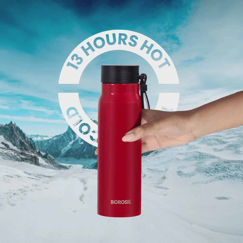 Borosil Hydra Bliss Red 500ml Thermal Vacuum Insulated Bottle