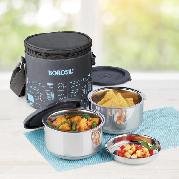 Borosil Carry Fresh Double Wall Stainless Steel Lunch Set With Vertical Lunch Bag