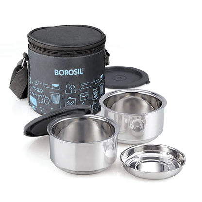 Borosil Carry Fresh Double Wall Stainless Steel Lunch Set WIth Vertical Lunch Bag