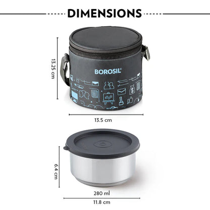 Borosil Carry Fresh Double Wall Stainless Steel Lunch Set WIth Vertical Lunch Bag