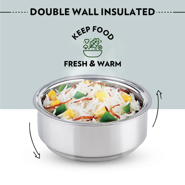 Borosil Carry Fresh Double Wall Stainless Steel Lunch Set WIth Vertical Lunch Bag