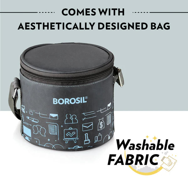 Borosil Carry Fresh Double Wall Stainless Steel Lunch Set WIth Vertical Lunch Bag