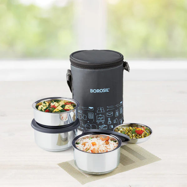 Borosil Carry Fresh Double Wall Stainless Steel Lunch Set WIth Vertical Lunch Bag
