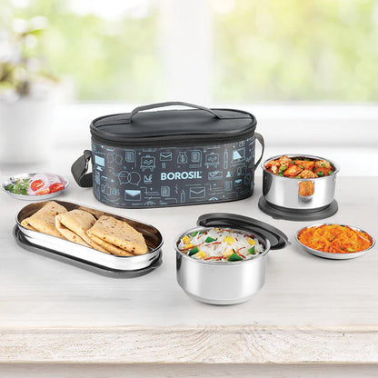 Borosil Carry Fresh Double Wall Stainless Steel Lunch Set WIth Horizontal Bag