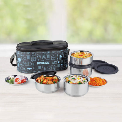 Borosil Carry Fresh Double Wall Stainless Steel Lunch Set WIth Horizontal Bag