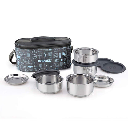 Borosil Carry Fresh Double Wall Stainless Steel Lunch Set WIth Horizontal Bag