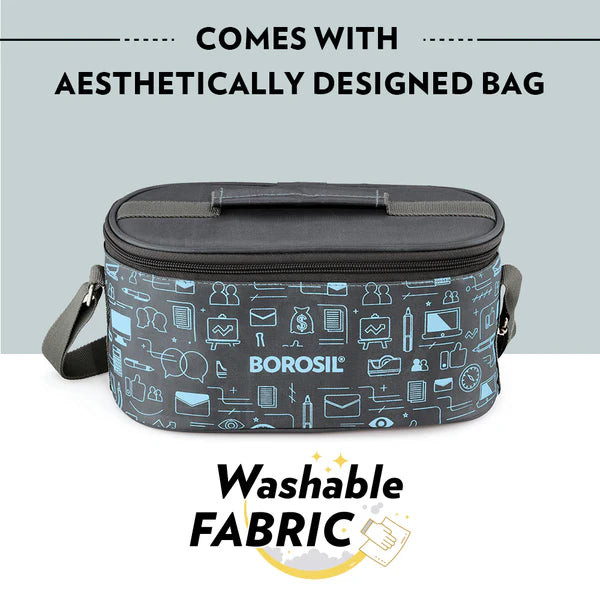 Borosil Carry Fresh Double Wall Stainless Steel Lunch Set WIth Horizontal Bag