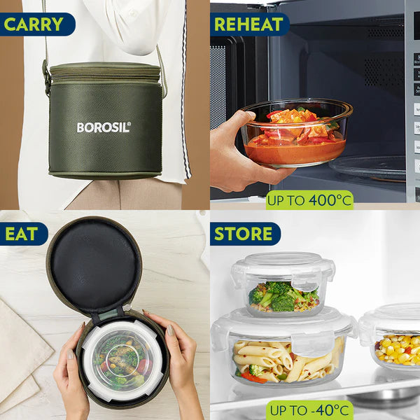 Borosil Glass Lunch Set Vertical with 2 Containers with Bag