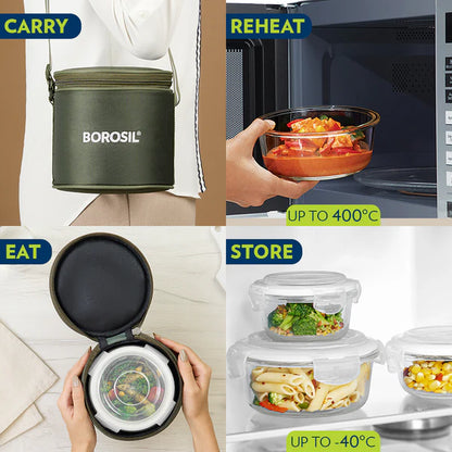 Borosil Glass Lunch Set Vertical with 2 Containers with Bag