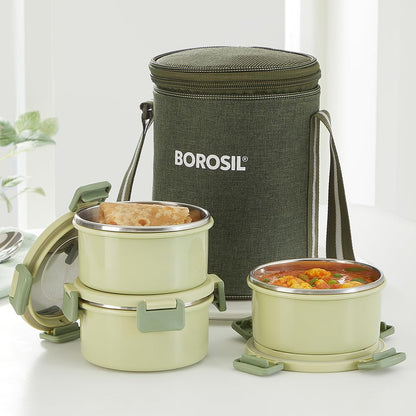 Borosil Glory Green Microwavable (Inside) Stainless Steel (Outside Plastic) Lunch Set with Bag
