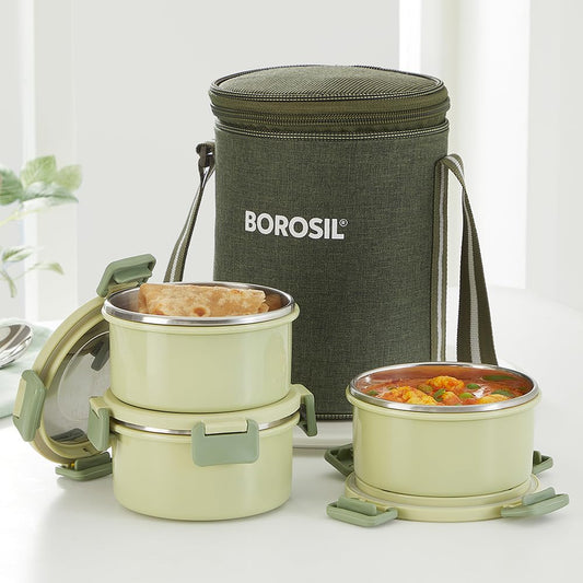 Borosil Glory Green Microwavable (Inside) Stainless Steel (Outside Plastic) Lunch Set with Bag