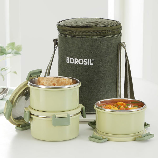Borosil Glory Microwavable (Inside) Stainless Steel (Outside Plastic) Lunch Set with Bag Set of 3