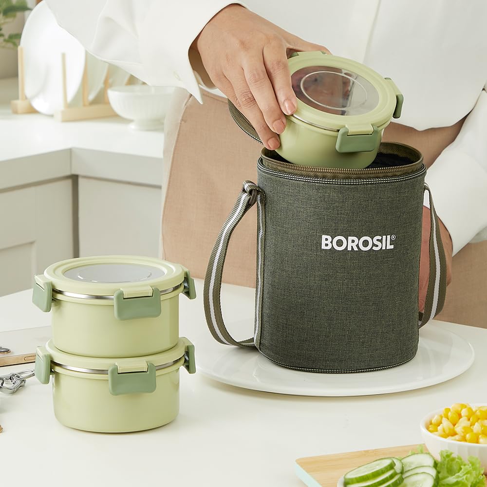 Borosil Glory Green Microwavable (Inside) Stainless Steel (Outside Plastic) Lunch Set with Bag