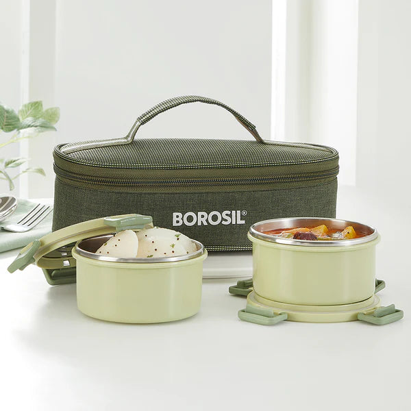Borosil Glory Lunch Set 280ml *2 With Bag - Plastic Outside Steel Inside Microwavable Containers